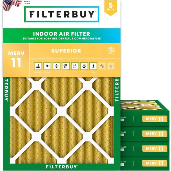 Filterbuy 16x21x2 Air Filter MERV 11 Allergy Defense, Pleated HVAC AC Furnace Filter Replacement, 5-Pack