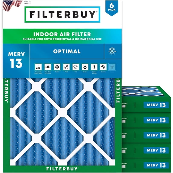 Filterbuy 16x22x2 Air Filter MERV 13 Smoke Defense, Pleated HVAC AC Furnace Filter Replacement, 6-Pack