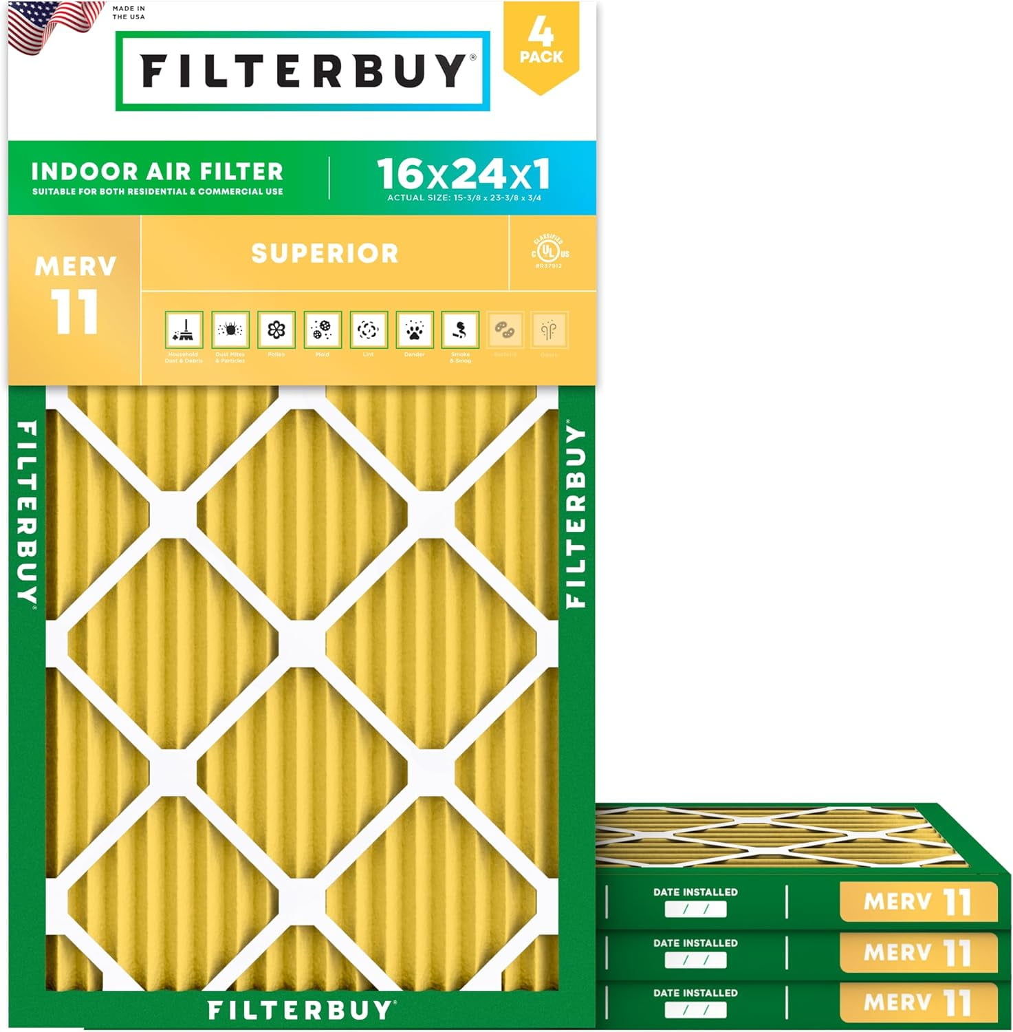 Filterbuy 16x24x1 Air Filter MERV 11 Allergy Defense, Pleated HVAC AC Furnace Filter Replacement, 4-Pack