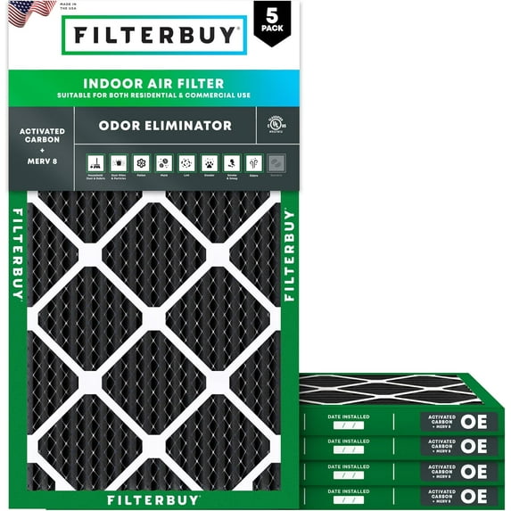 Filterbuy 16x24x1 MERV 8 Odor Eliminator, Pleated HVAC AC Furnace Air Filters (5-Pack)
