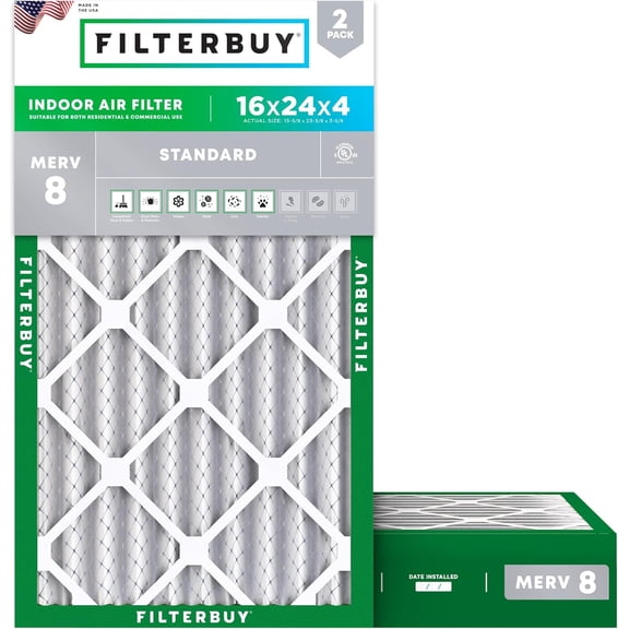 Filterbuy 16x24x4 Air Filter MERV 8 Dust Defense, Pleated HVAC AC Furnace Filter Replacement, 2-Pack