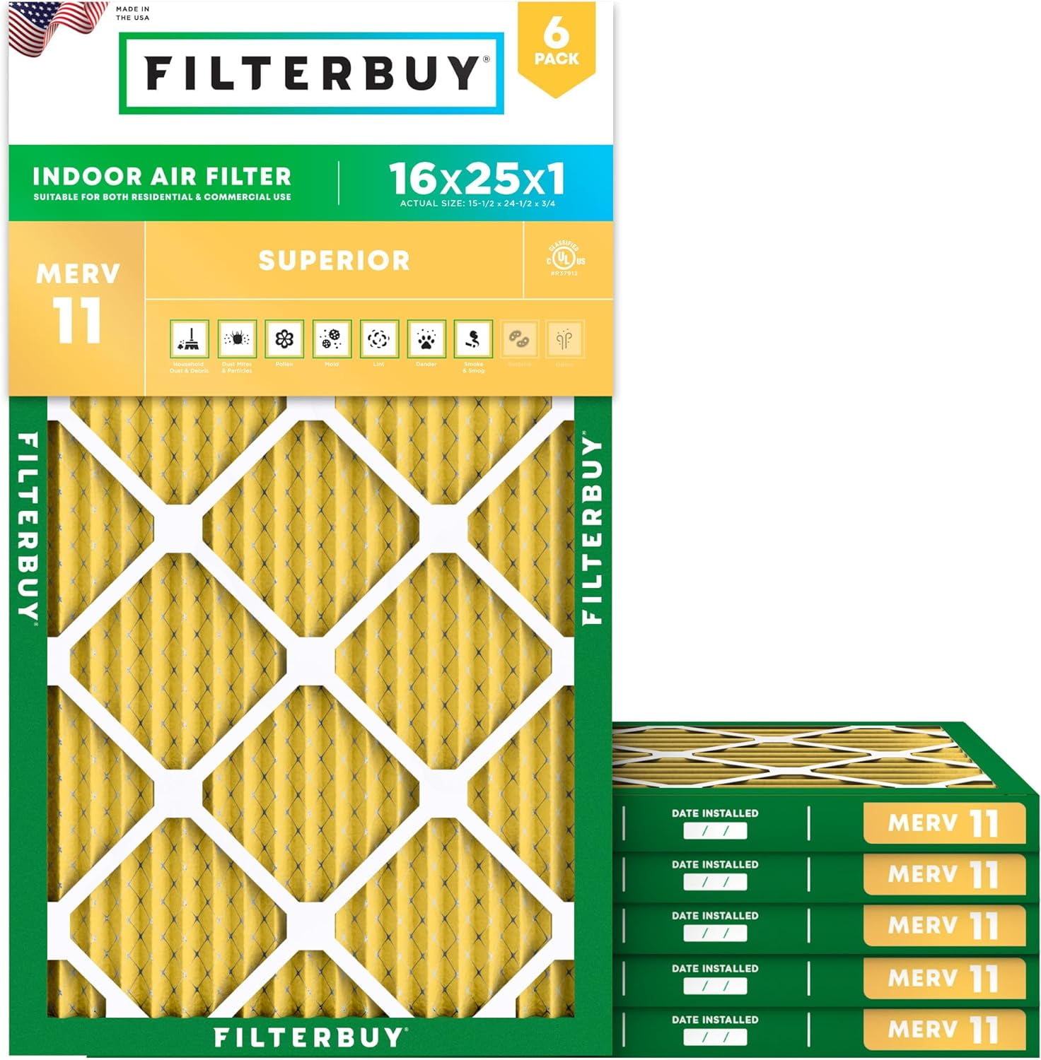 Filterbuy 16x25x1 MERV 11 Allergen Defense, Pleated HVAC AC Furnace Air Filters (6-Pack)