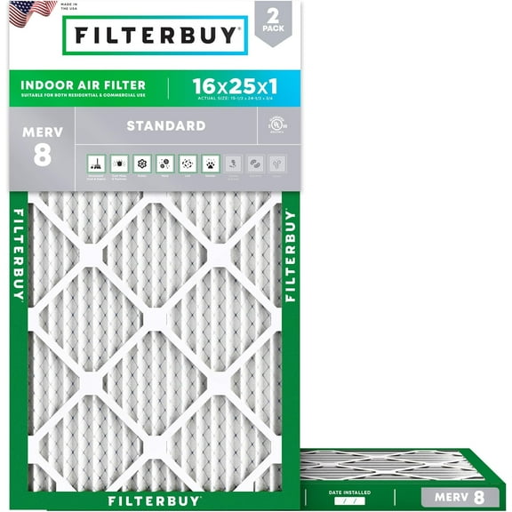 Filterbuy 16x25x1 MERV 8 Dust Defense, Pleated HVAC AC Furnace Air Filters (2-Pack)