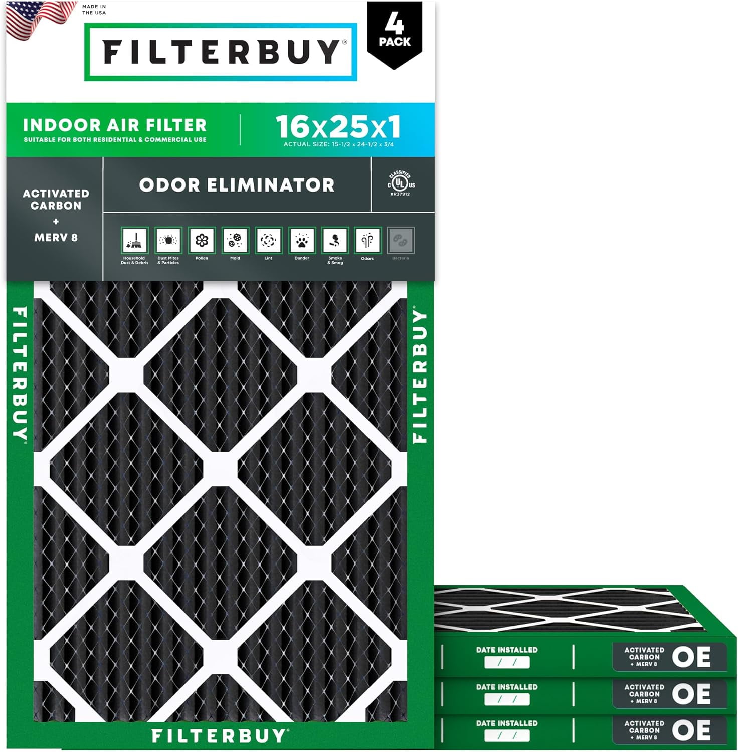 Filterbuy 16x25x1 Air Filter MERV 10 Odor Defense, Pleated HVAC AC Furnace Filter Replacement, 4-Pack