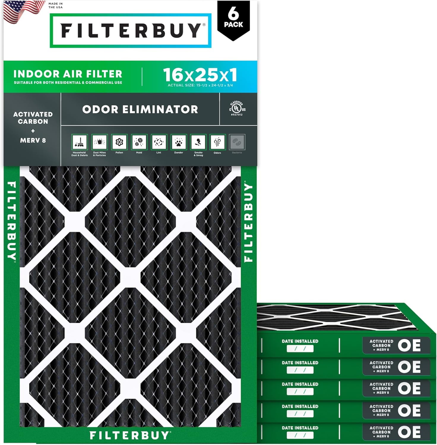 Filterbuy 16x25x1 Air Filter MERV 10 Odor Defense, Pleated HVAC AC Furnace Filter Replacement, 6-Pack