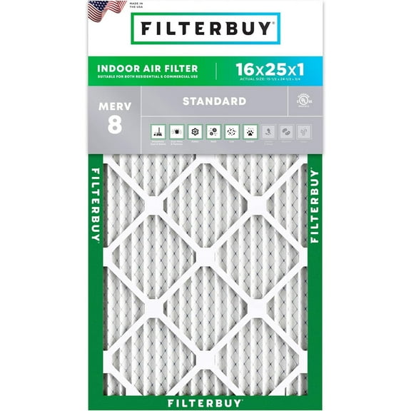 Filterbuy 16x25x1 MERV 8 Dust Defense, Pleated HVAC AC Furnace Air Filters (1-Pack)