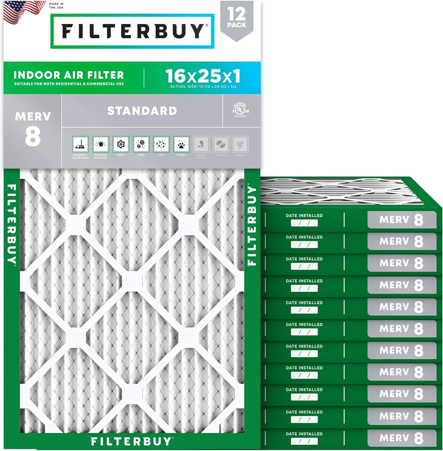 Filterbuy 16x25x1 Air Filter MERV 8 Dust Defense, Pleated HVAC AC Furnace Filter Replacement, 12-Pack