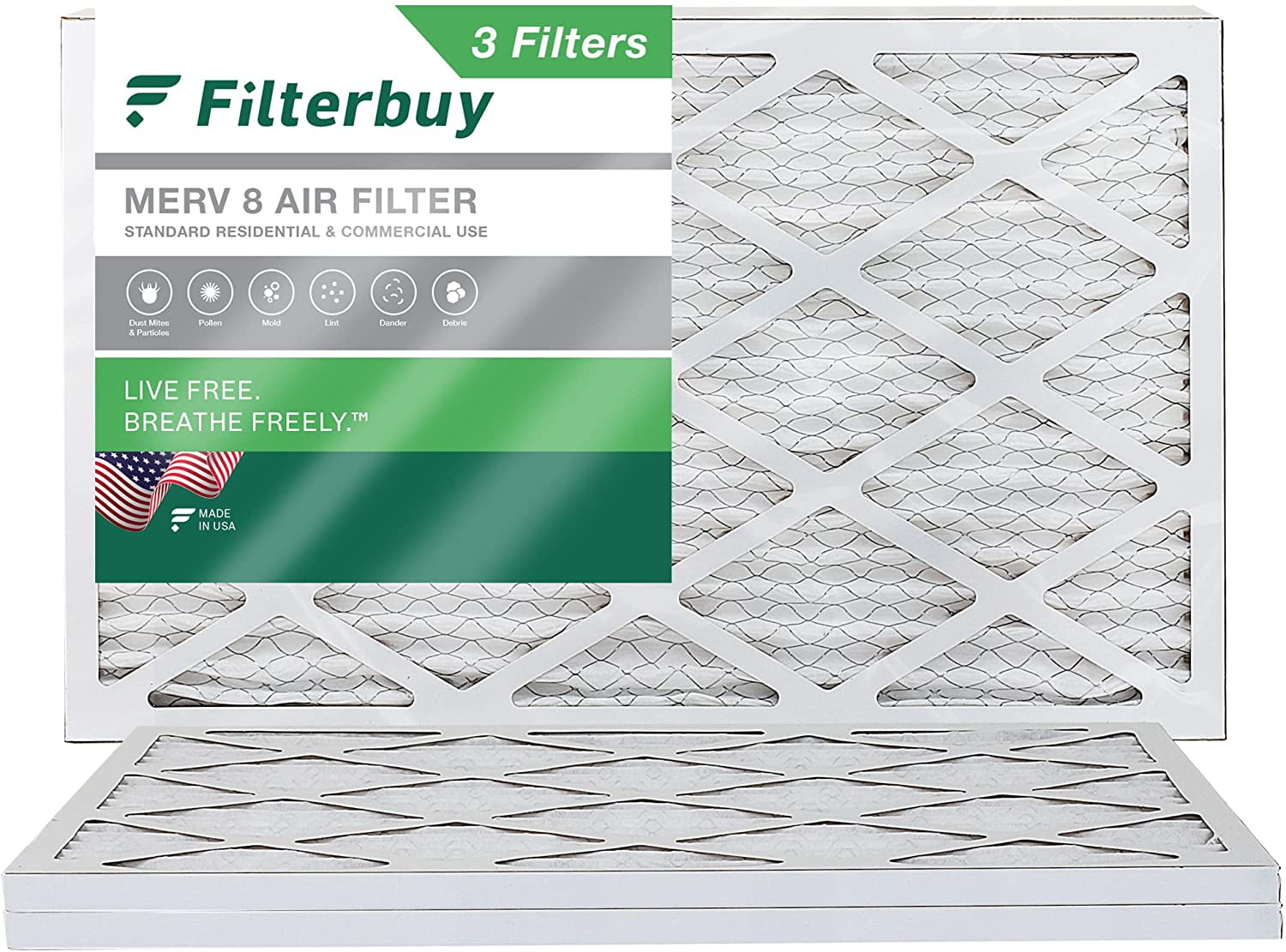 Filterbuy 16x25x1 MERV 8 Pleated HVAC AC Furnace Air Filters (3Pack