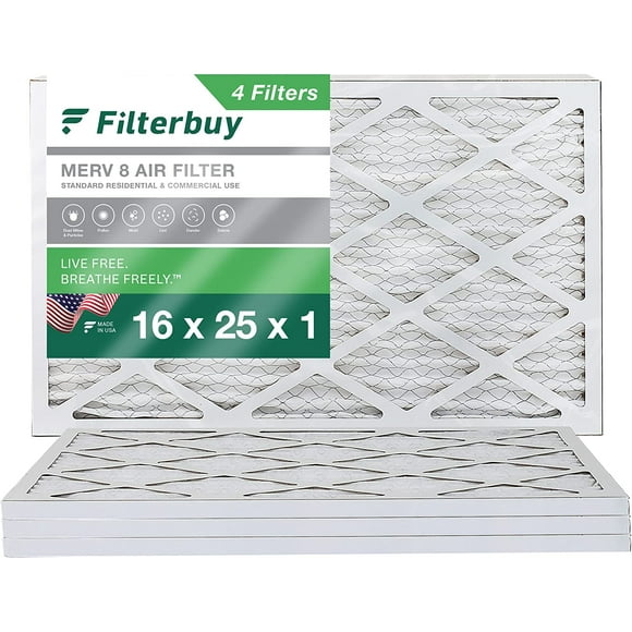 Filterbuy 16x25x1 MERV 8 Pleated HVAC AC Furnace Air Filters (4-Pack)