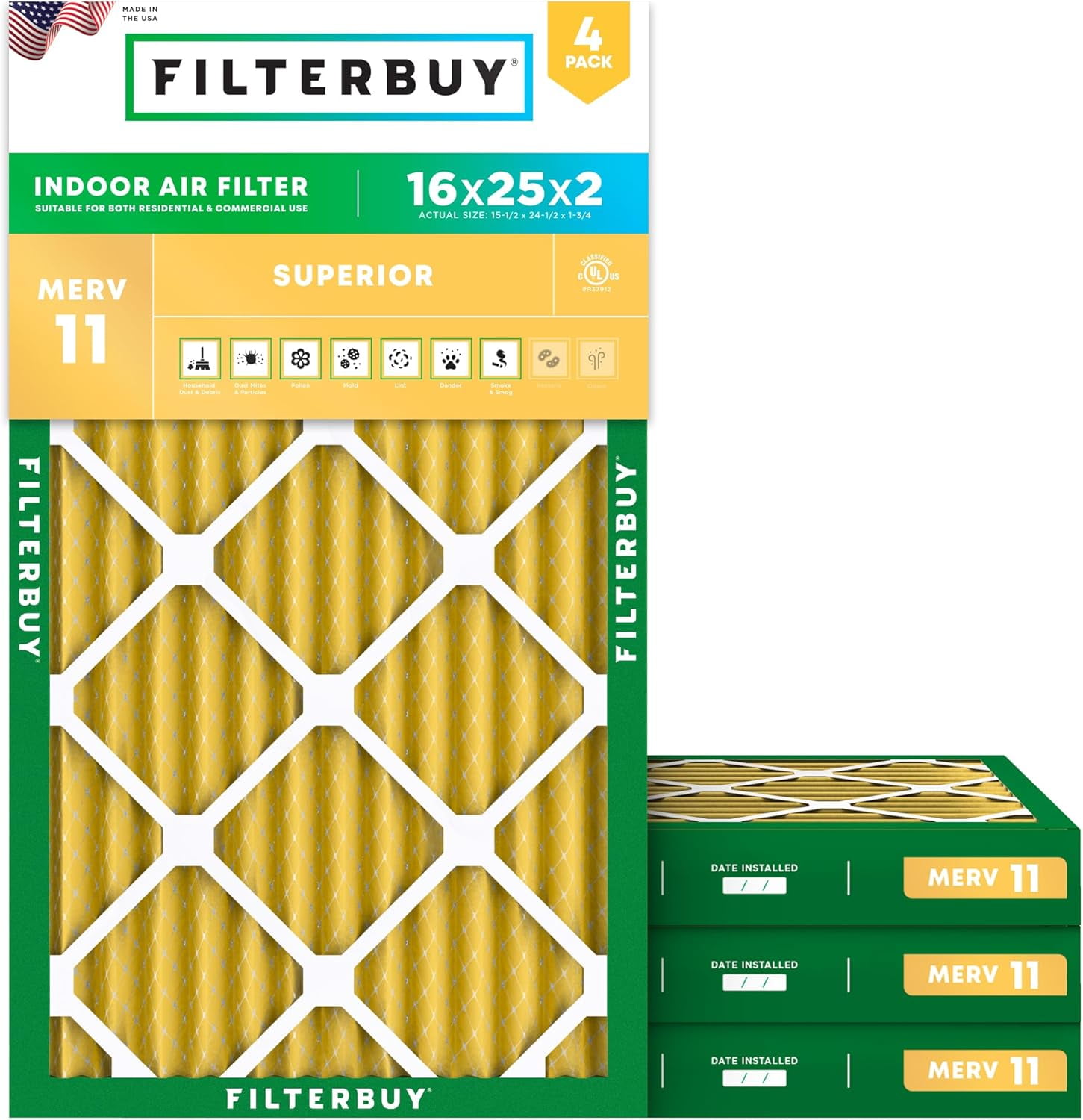Filterbuy 16x25x2 Air Filter MERV 11 Allergy Defense, Pleated HVAC AC Furnace Filter Replacement, 4-Pack