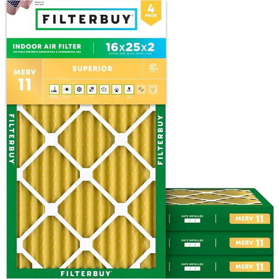 Filterbuy 16x25x2 Air Filter MERV 11 Allergy Defense, Pleated HVAC AC Furnace Filter Replacement, 4-Pack