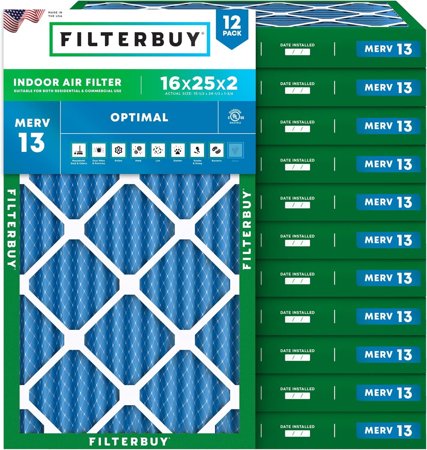 Filterbuy 16x25x2 Air Filter MERV 13 Smoke Defense, Pleated HVAC AC Furnace Filter Replacement, 12-Pack
