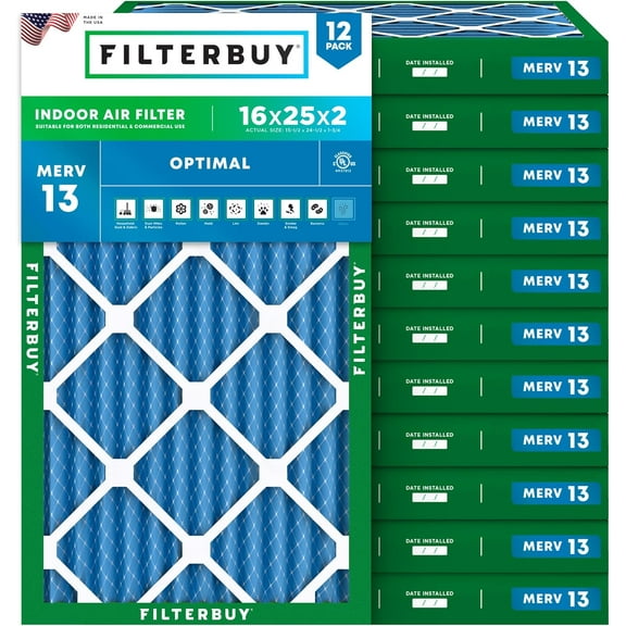 Filterbuy 16x25x2 Air Filter MERV 13 Smoke Defense, Pleated HVAC AC Furnace Filter Replacement, 12-Pack