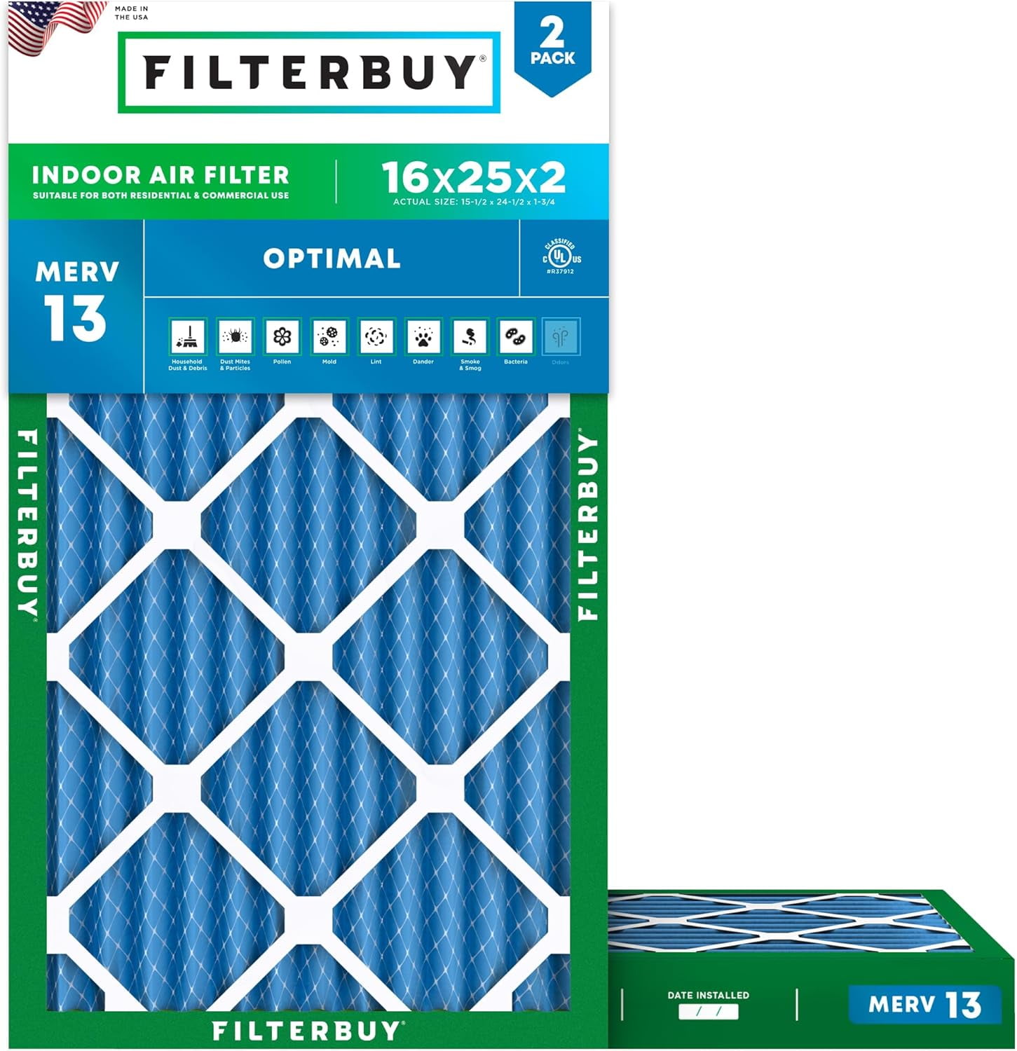 Filterbuy 16x25x2 Air Filter MERV 13 Smoke Defense, Pleated HVAC AC Furnace Filter Replacement, 2-Pack