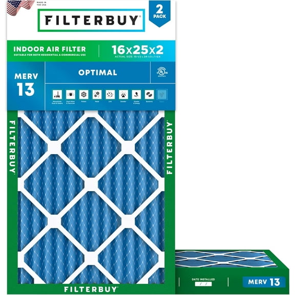 Filterbuy 16x25x2 Air Filter MERV 13 Smoke Defense, Pleated HVAC AC Furnace Filter Replacement, 2-Pack