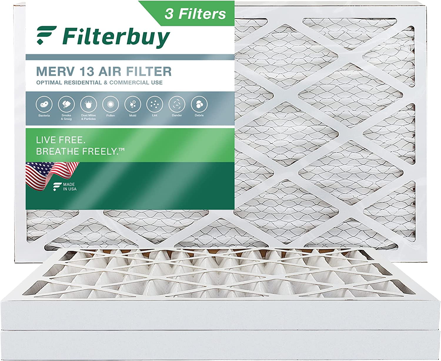 Filterbuy 16x25x2 MERV 13 Pleated HVAC AC Furnace Air Filters (3Pack