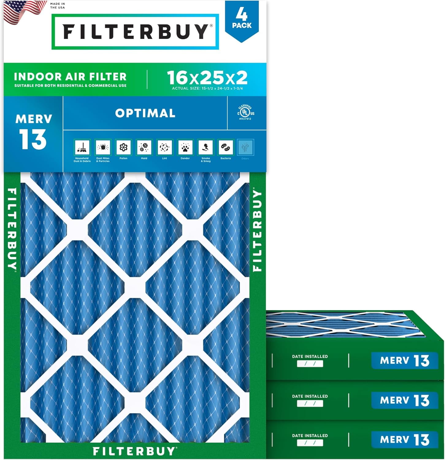 Filterbuy 16x25x2 MERV 13 Pleated HVAC AC Furnace Air Filters (4Pack