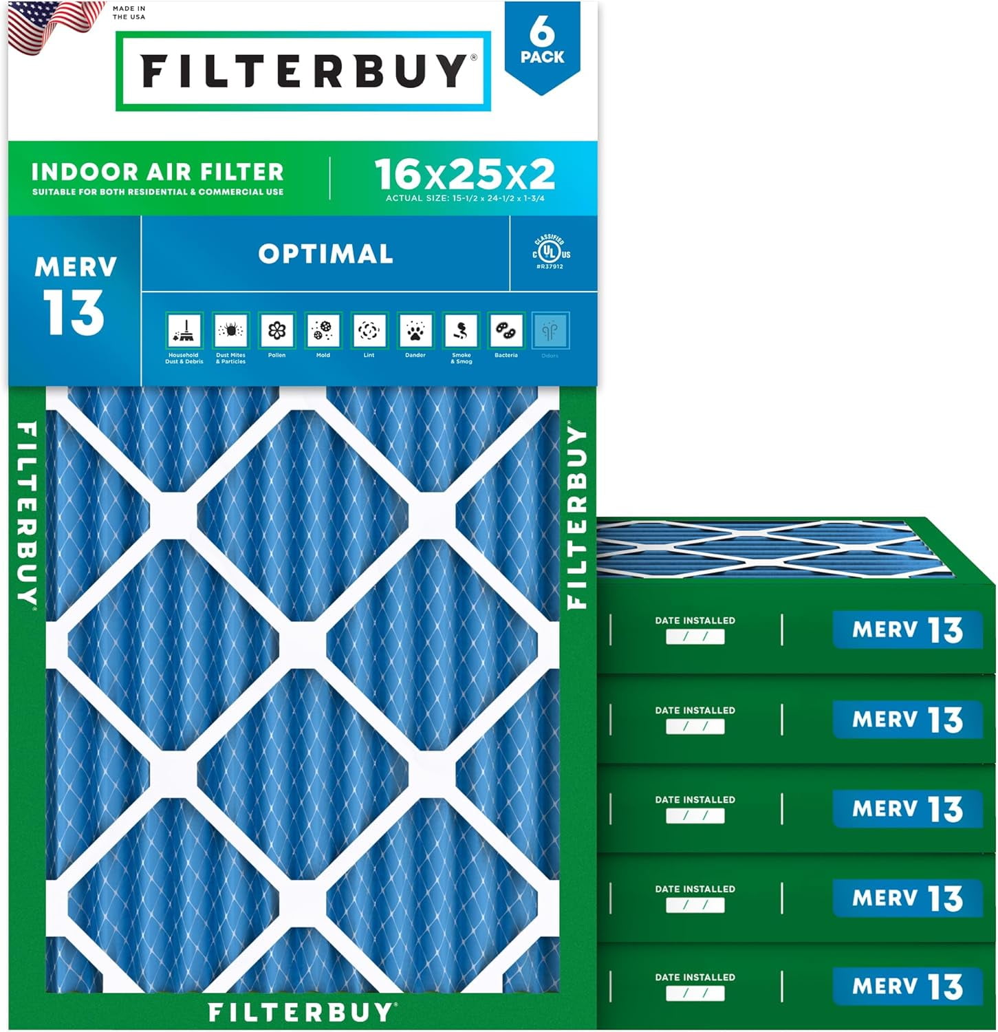 Filterbuy 16x25x2 Air Filter MERV 13 Smoke Defense, Pleated HVAC AC Furnace Filter Replacement, 6-Pack