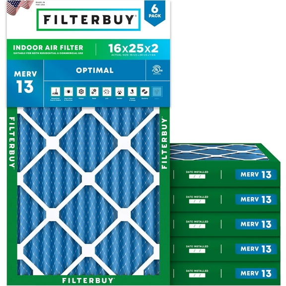 Filterbuy 16x25x2 Air Filter MERV 13 Smoke Defense, Pleated HVAC AC Furnace Filter Replacement, 6-Pack