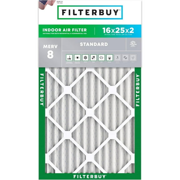 Filterbuy 16x25x2 Air Filter MERV 8 Dust Defense, Pleated HVAC AC Furnace Filter Replacement, 1-Pack