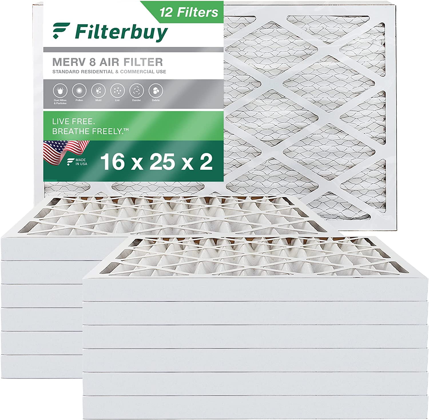 Filterbuy 16x25x2 MERV 8 Pleated HVAC AC Furnace Air Filters (12Pack