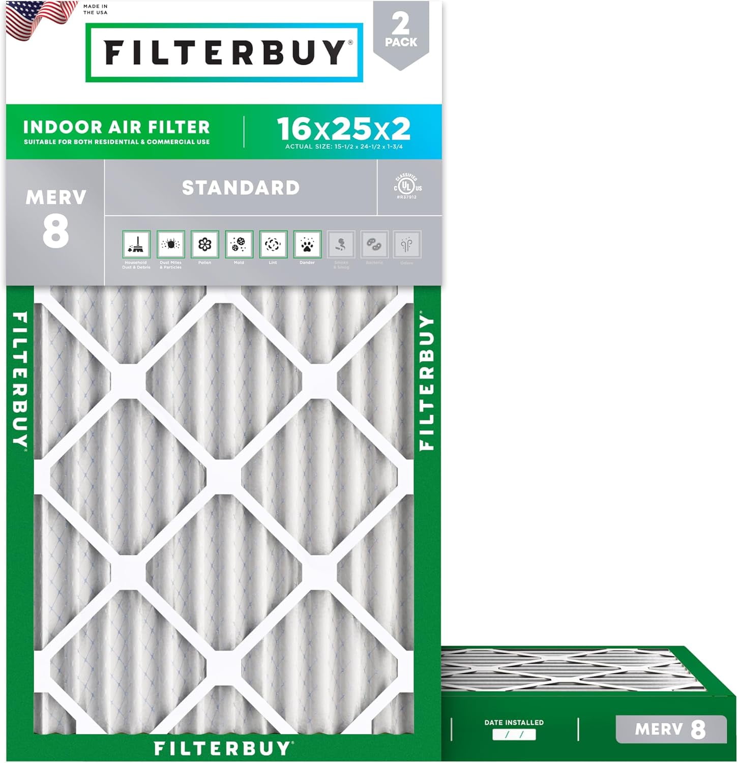 Filterbuy 16x25x2 Air Filter MERV 8 Dust Defense, Pleated HVAC AC Furnace Filter Replacement, 2-Pack