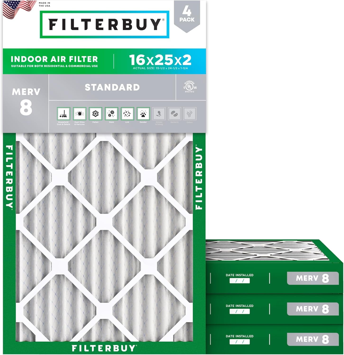 Filterbuy 16x25x2 Air Filter MERV 8 Dust Defense, Pleated HVAC AC Furnace Filter Replacement, 4-Pack
