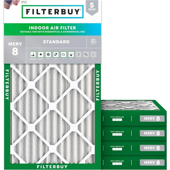 Filterbuy 16x25x2 Air Filter MERV 8 Dust Defense, Pleated HVAC AC Furnace Filter Replacement, 5-Pack