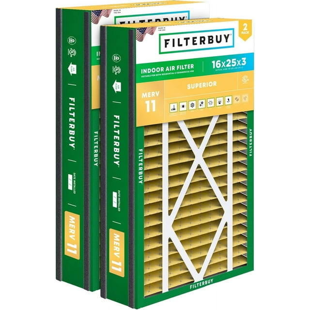 Filterbuy 16x25x3 MERV 11 Allergen Defense, Pleated HVAC AC Furnace Air Filters for Trion Air Bear, Lennox X0581, and More (2-Pack)