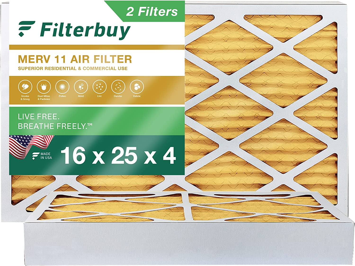 Filterbuy 16x25x4 Air Filter MERV 11 Defense (2Pack), Pleated HVAC AC