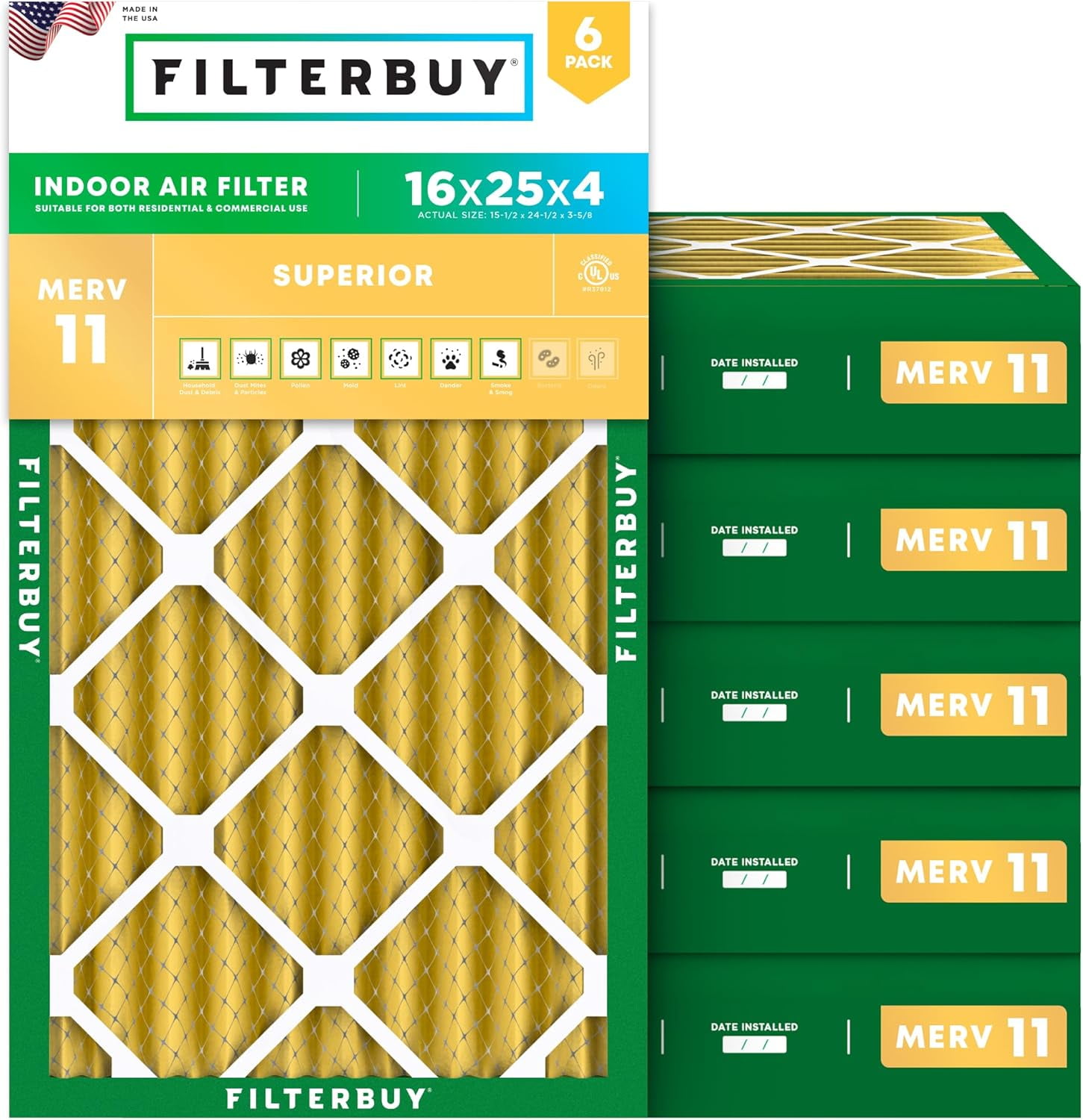 Filterbuy 16x25x4 Air Filter MERV 11 Allergy Defense, Pleated HVAC AC Furnace Filter Replacement, 6-Pack