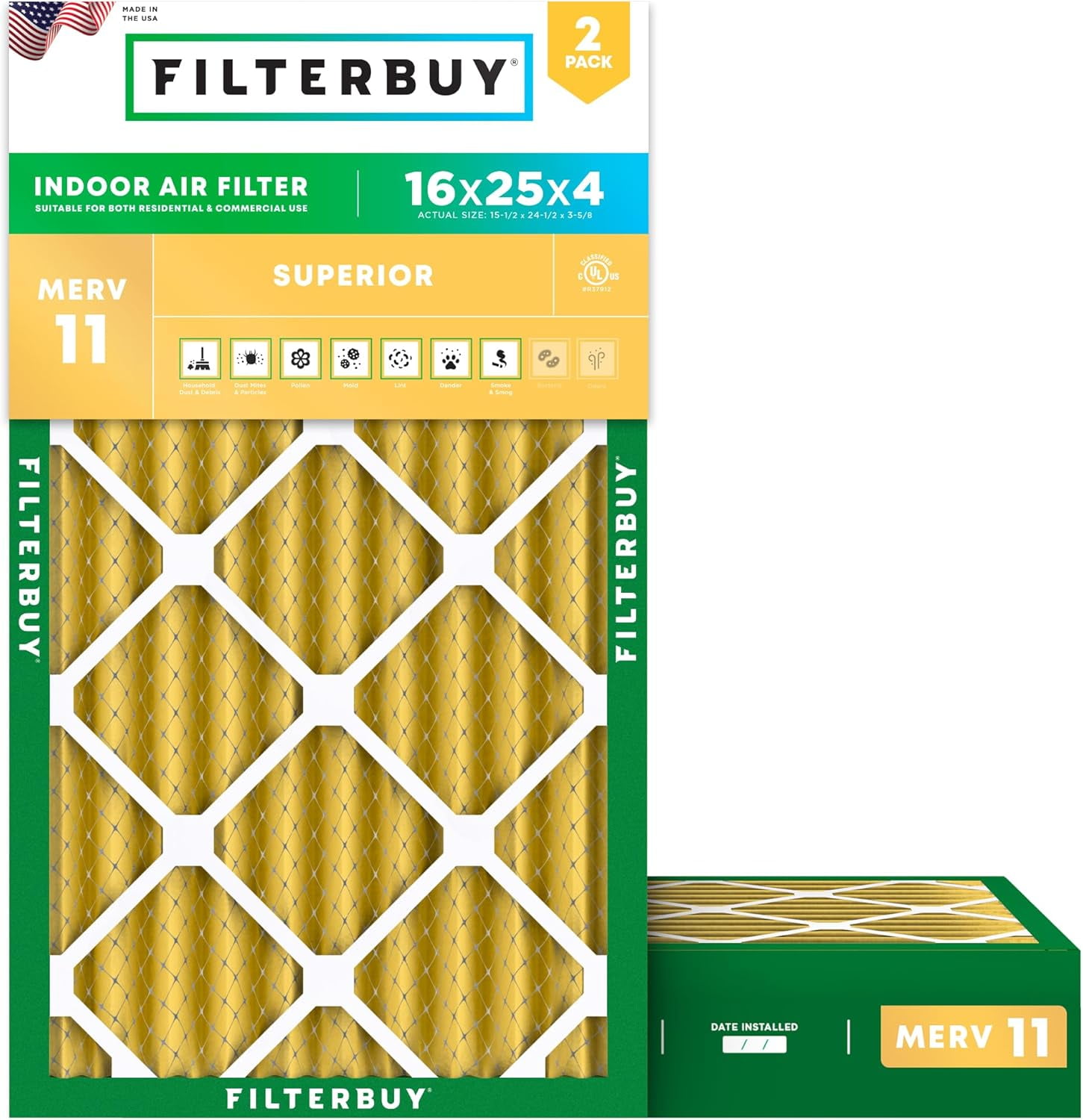 Filterbuy 16x25x4 Air Filter MERV 11 Allergy Defense, Pleated HVAC AC Furnace Filter Replacement, 2-Pack