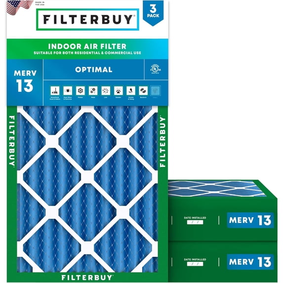 Filterbuy 16x25x4 Air Filter MERV 13 Smoke Defense, Pleated HVAC AC Furnace Filter Replacement, 3-Pack