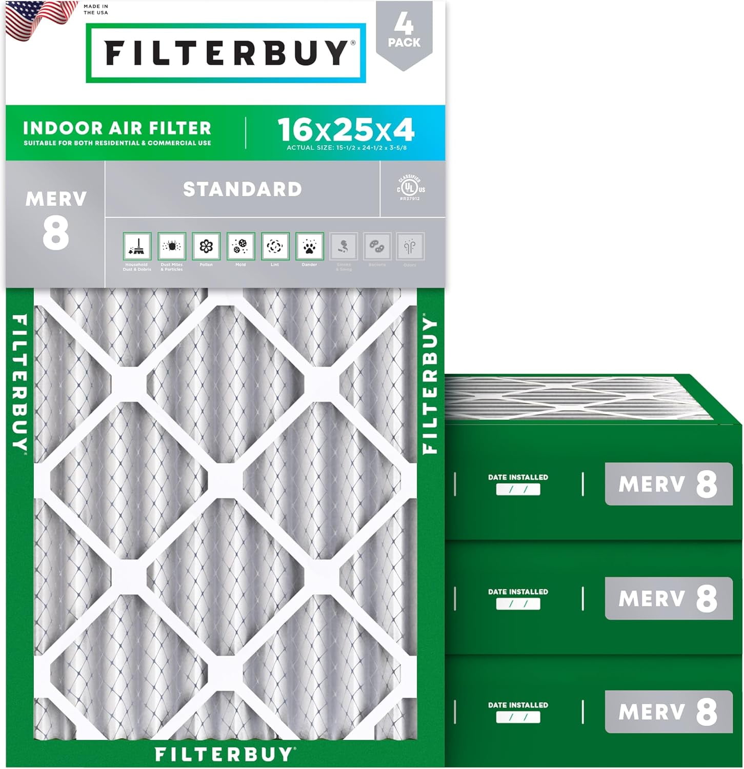 Filterbuy 16x25x4 Air Filter MERV 8 Dust Defense, Pleated HVAC AC Furnace Filter Replacement, 4-Pack