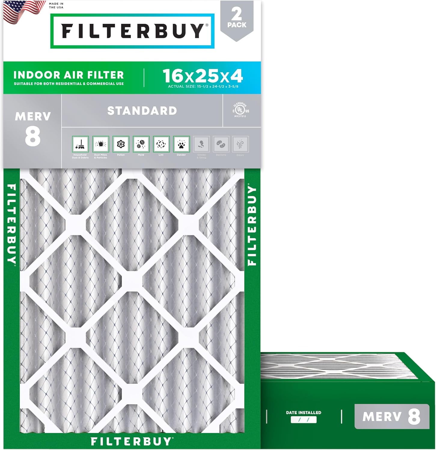 Filterbuy 16x25x4 Air Filter MERV 8 Dust Defense, Pleated HVAC AC Furnace Filter Replacement, 2-Pack