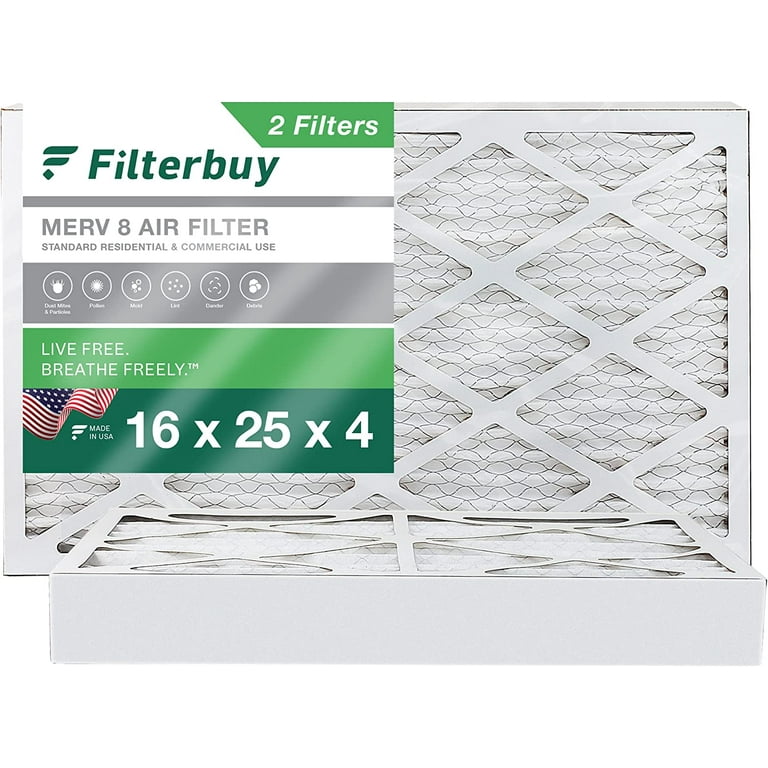 Filterbuy 16x25x4 MERV 8 Pleated HVAC AC Furnace Air Filters 2 Pack