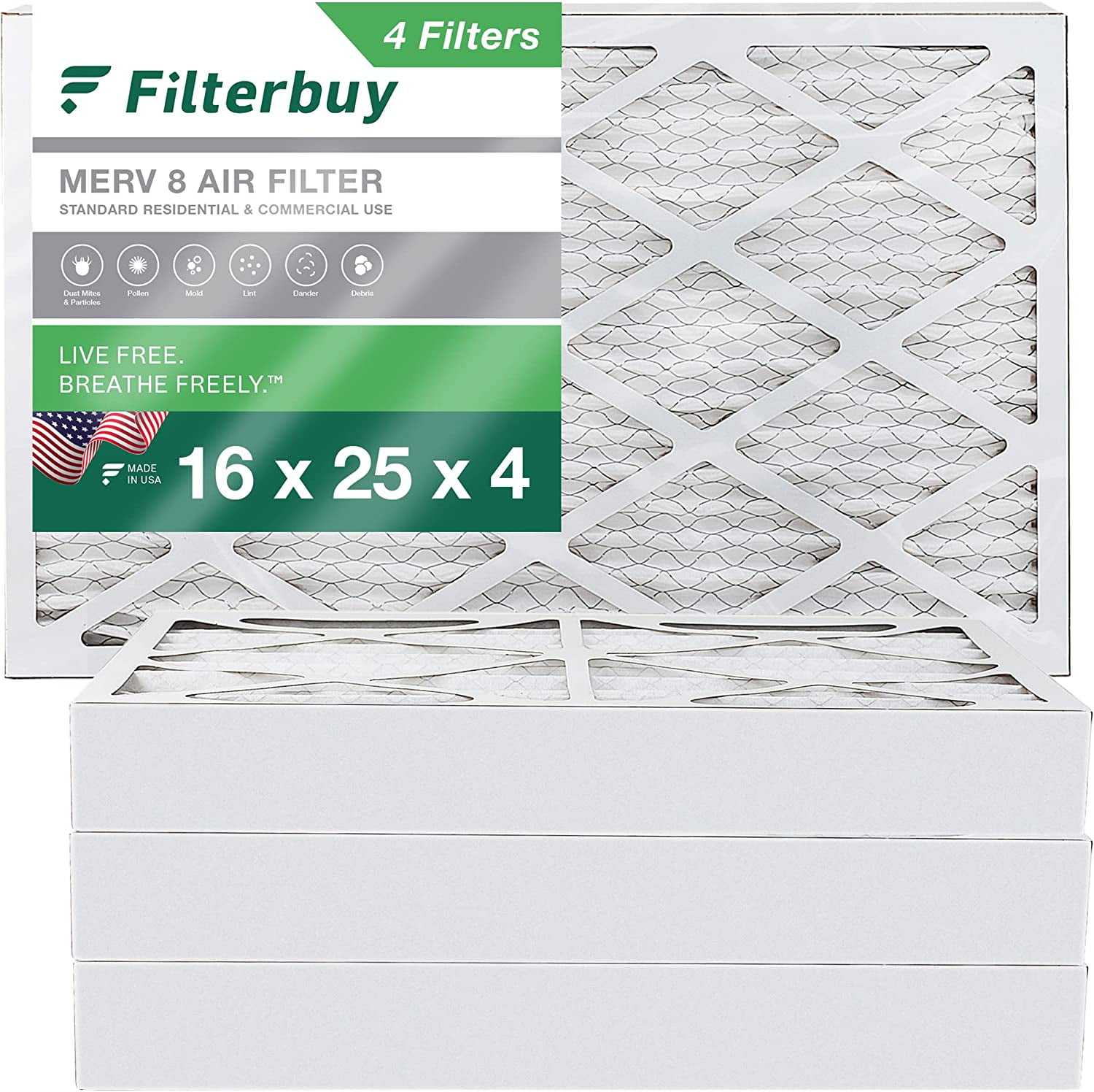 Filterbuy 16x25x4 MERV 8 Pleated HVAC AC Furnace Air Filters (4Pack