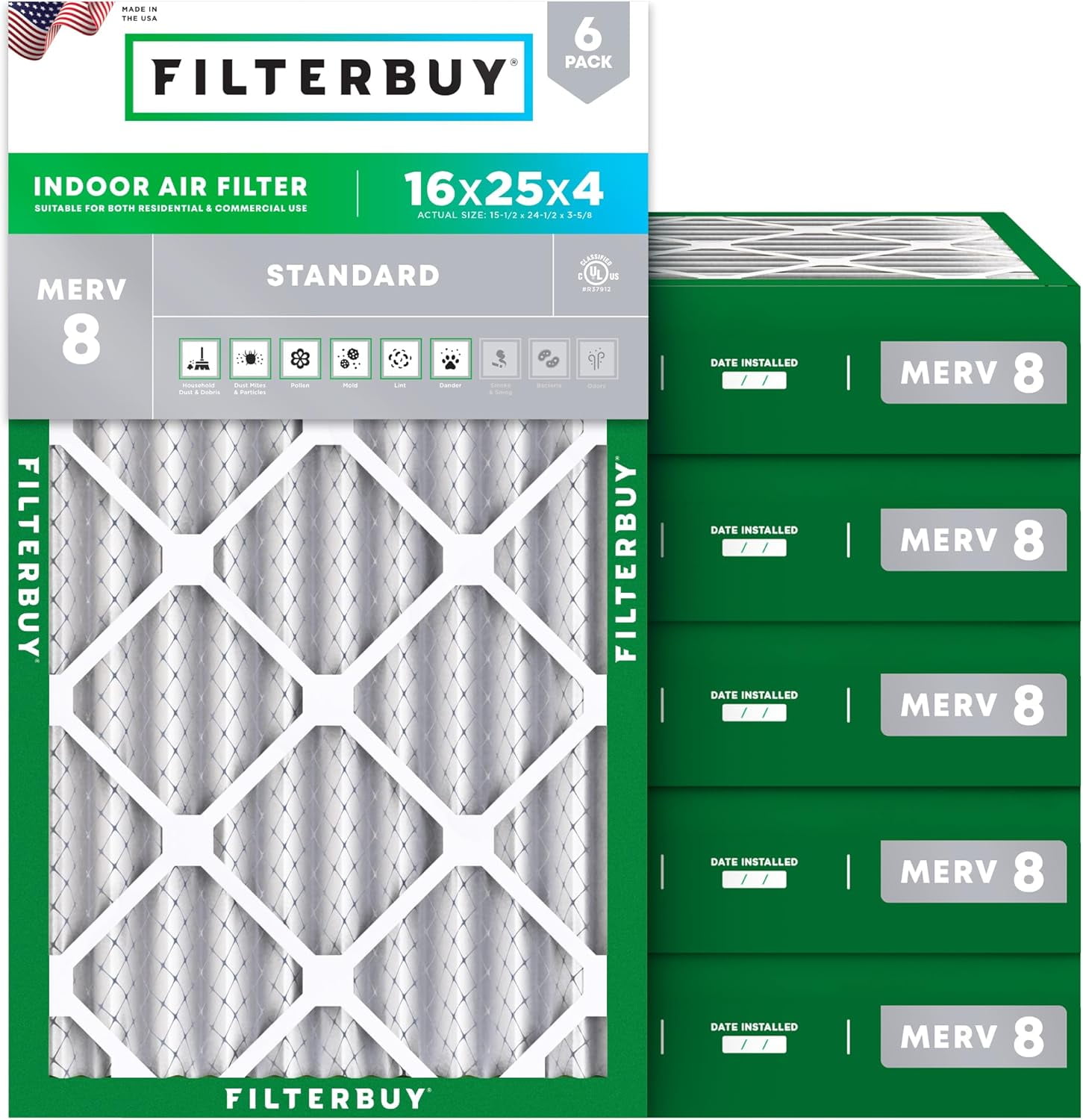 Filterbuy 16x25x4 Air Filter MERV 8 Dust Defense, Pleated HVAC AC Furnace Filter Replacement, 6-Pack