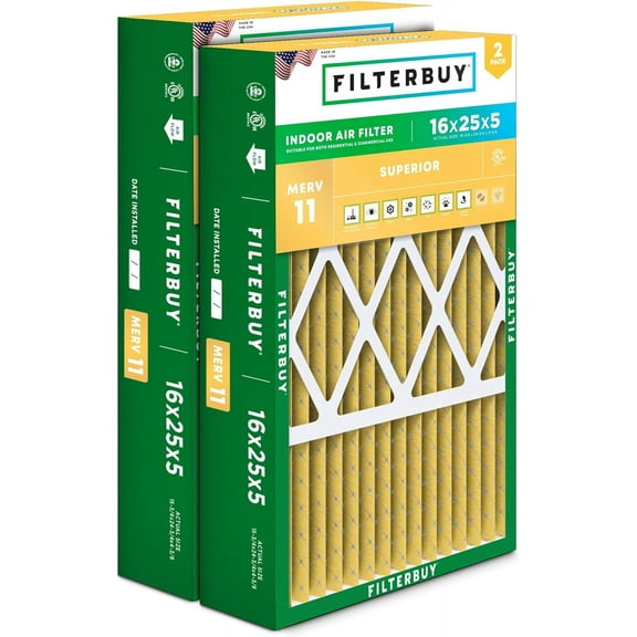 Filterbuy 16x25x5 MERV 11 Allergen Defense, Pleated HVAC AC Furnace Air Filters for Honeywell FC100A1029, Lennox X6670, Carrier, & More (2-Pack)