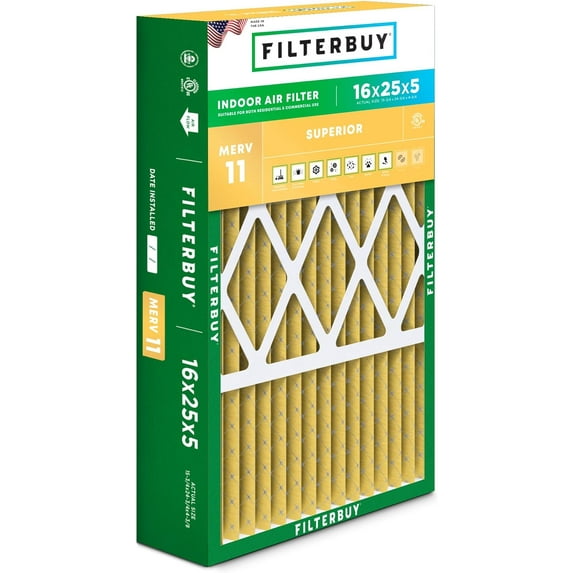 Filterbuy 16x25x5 Air Filter MERV 11 Allergy Defense, Pleated HVAC AC Furnace Filter Replacement for Honeywell & More, 1-Pack