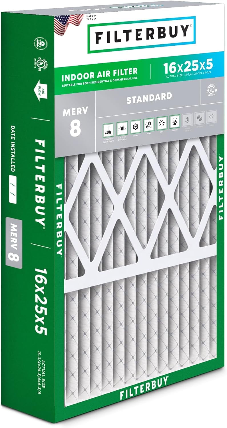 Filterbuy 16x25x5 MERV 8 Pleated HVAC AC Furnace Air Filters for