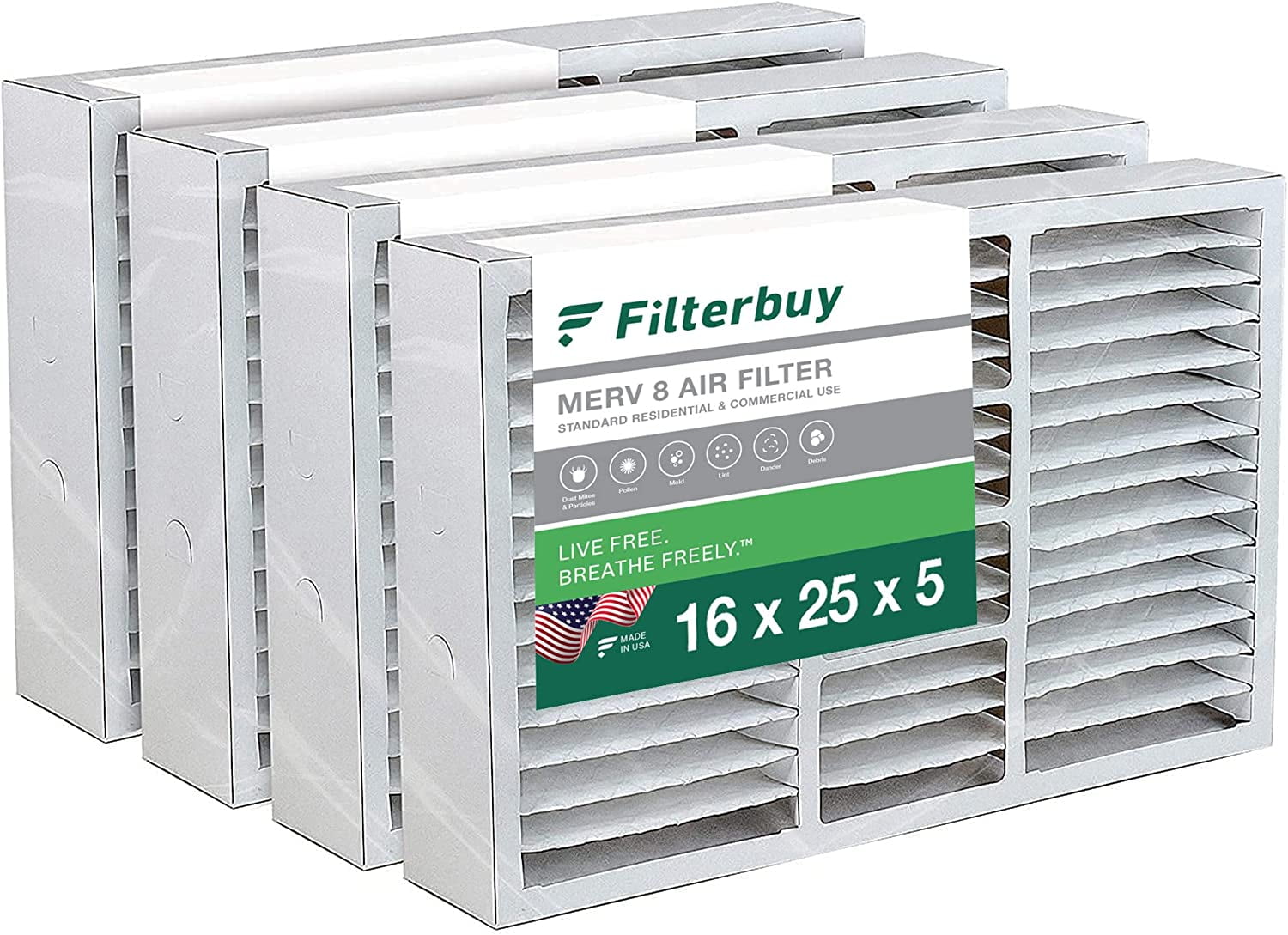 Filterbuy 16x25x5 MERV 8 Pleated HVAC AC Furnace Air Filters for Honeywell FC100A1029, Lennox