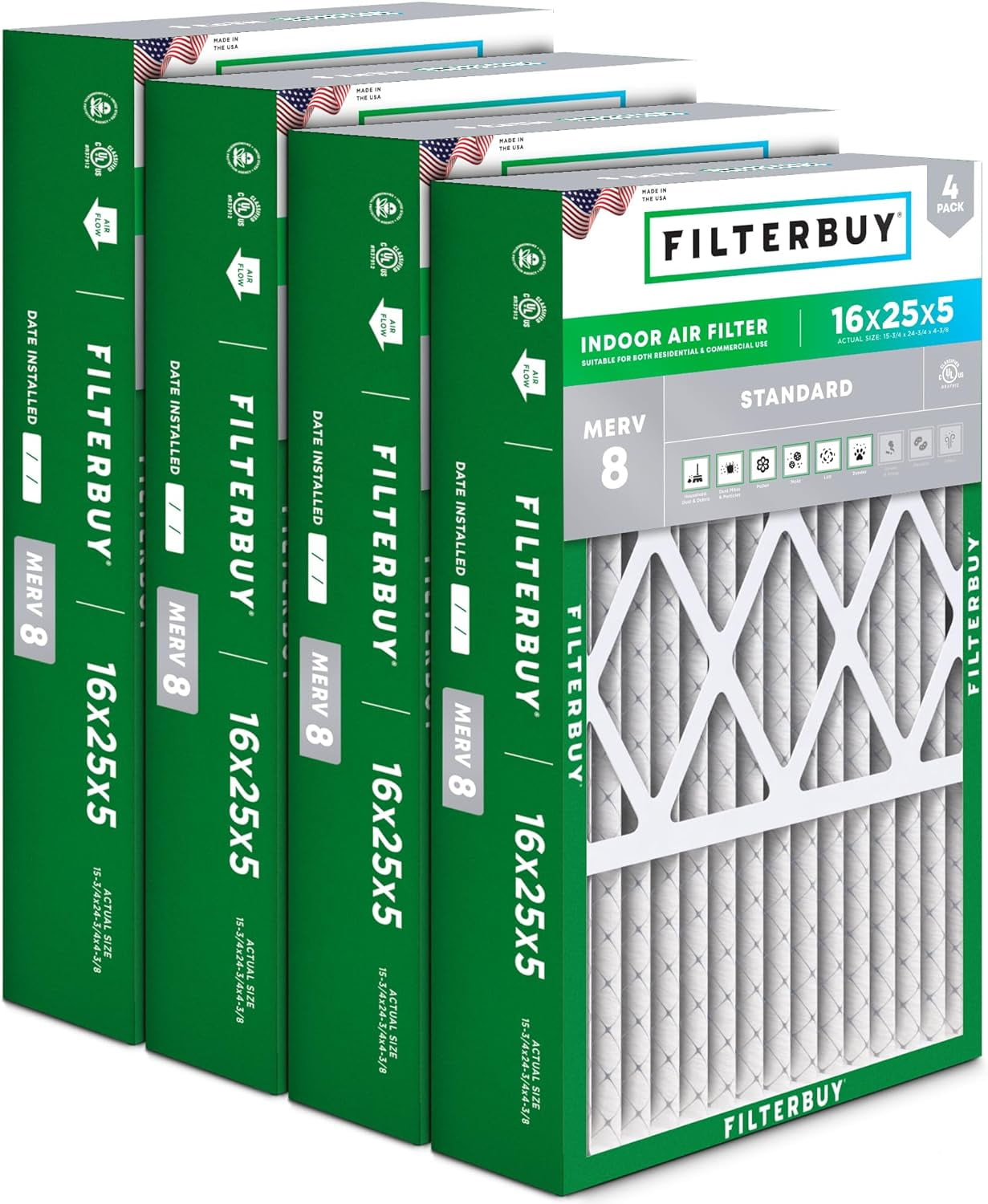 Filterbuy 16x25x5 Air Filter MERV 8 Dust Defense, Pleated HVAC AC Furnace Filter Replacement for Honeywell & More, 4-Pack