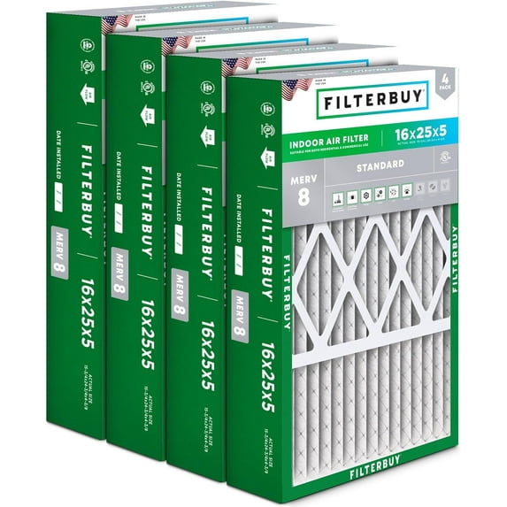 Filterbuy 16x25x5 MERV 8 Dust Defense, Pleated HVAC AC Furnace Air Filters for Honeywell FC100A1029, Lennox X6670, Carrier, & More (4-Pack)