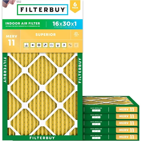 Filterbuy 16x30x1 Air Filter MERV 11 Allergy Defense, Pleated HVAC AC Furnace Filter Replacement, 6-Pack