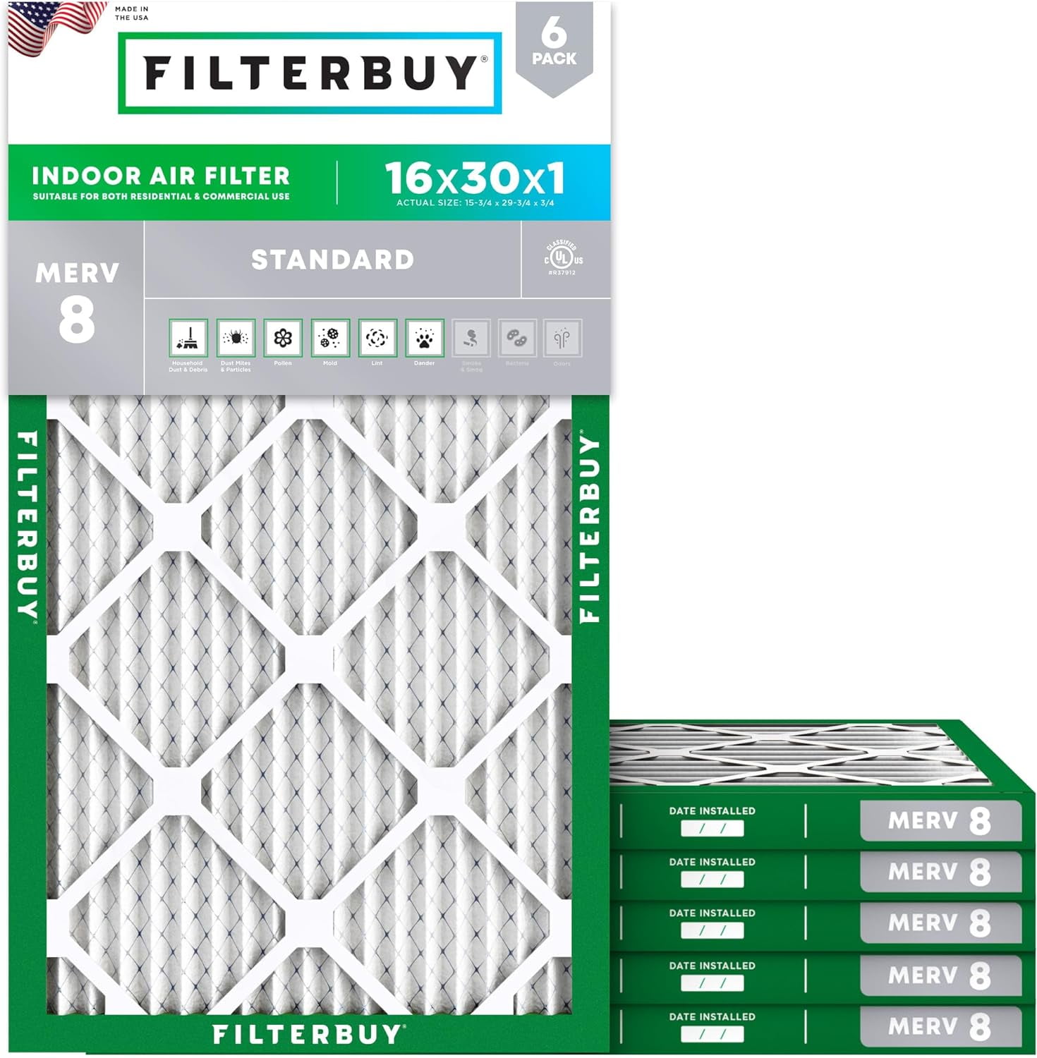 Filterbuy 16x30x1 Air Filter MERV 8 Dust Defense, Pleated HVAC AC Furnace Filter Replacement, 6-Pack