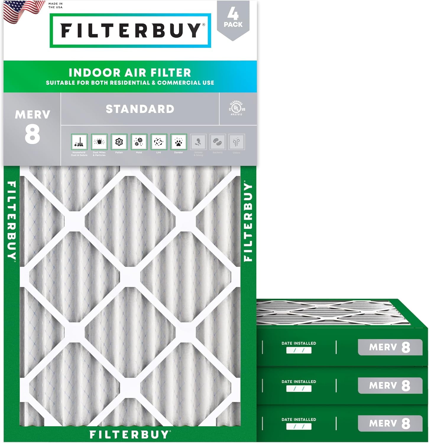 Filterbuy 16x30x2 MERV 8 Pleated HVAC Air Filters 4-Pack