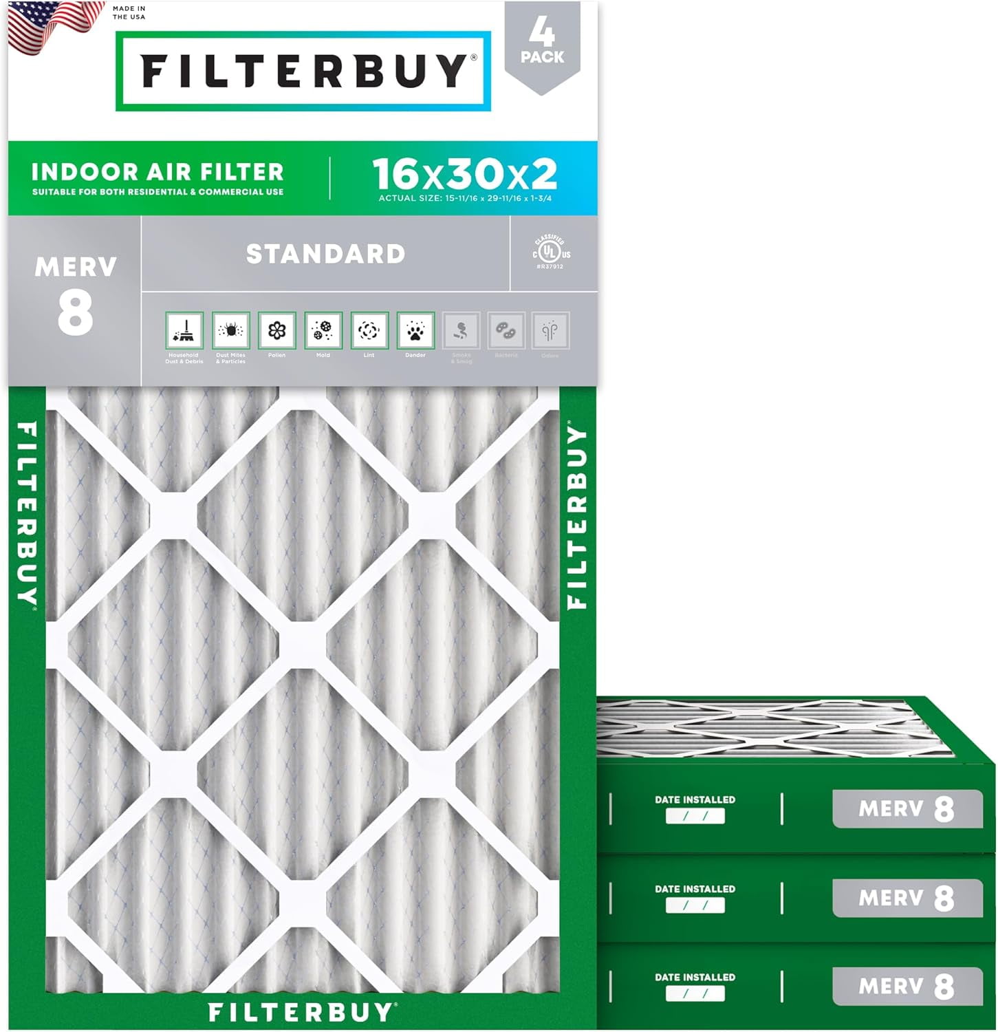 Filterbuy 16x30x2 MERV 8 Pleated HVAC Air Filters 4-Pack