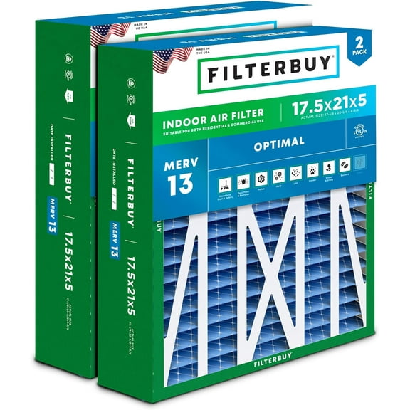 Filterbuy 17.5x21x5 Air Filter MERV 13 Smoke Defense, Pleated HVAC AC Furnace Filter Replacement for Rheem, Ruud & Protech, 2-Pack