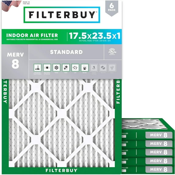 Filterbuy 17.5x23.5x1 Air Filter MERV 8 Dust Defense, Pleated HVAC AC Furnace Filter Replacement, 6-Pack